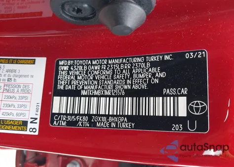 2021 Toyota C-Hr Xle z USA, uszkodzony, nr VIN NMTKHMBX1MR125576